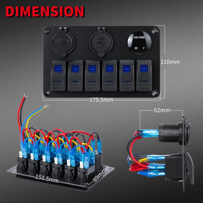 6-Gang Waterproof Marine Rocker Switch Panel with Blue LED for UTV & SXS – view 2