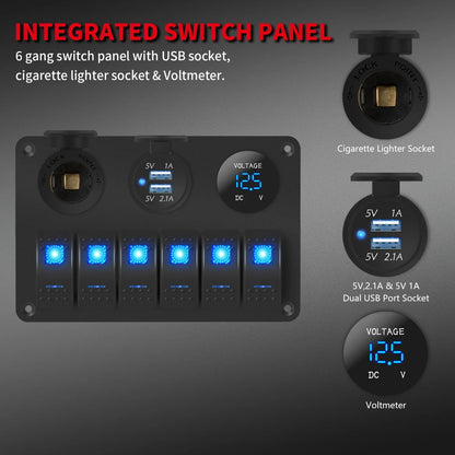 6-Gang Waterproof Marine Rocker Switch Panel with Blue LED for UTV & SXS – view 4