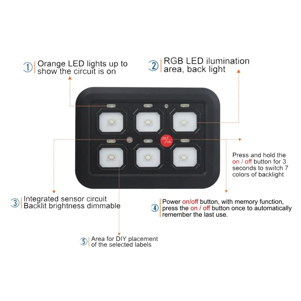 7-Color 6-Gang Touch Switch Panel with Relay Box for UTV & SXS – view 3