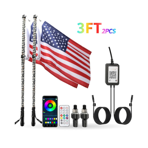 RGB LED Whip Light with Flag (2, 3 or 4 ft) for UTV & SXS