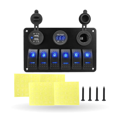 6-Gang Marine Rocker Switch Panel with USB & Voltmeter for UTV & SXS