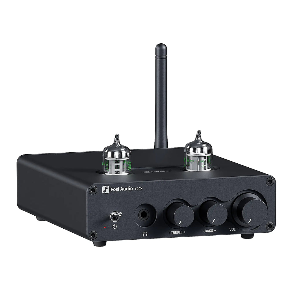 Fosi Audio T20X Bluetooth Tube Stereo Amplifier Home Audio Headphone Amp 2.0 Channel Class D Digital Mini Hi-Fi Power Amp Receiver for Home Bookshelf Speakers with JAN 5654W Vacuum Tubes