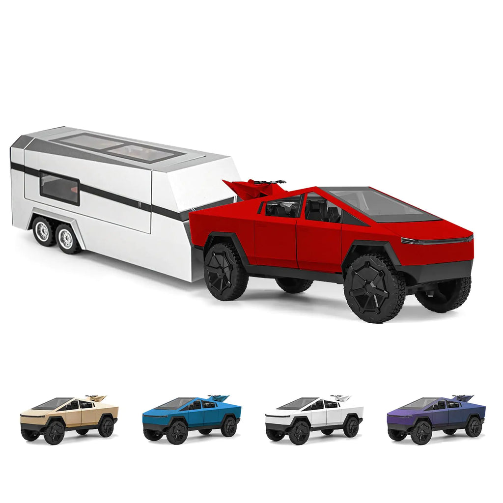 1/32 Tesla cybertruck Toy car 3-in-1 Travel Cybertruck RV Set with Metal Pickup Removable Camper & Off-Road Motorcycle Cyberquad Cool Sound & Light EffectsChristmas Birthday Gift (Red)